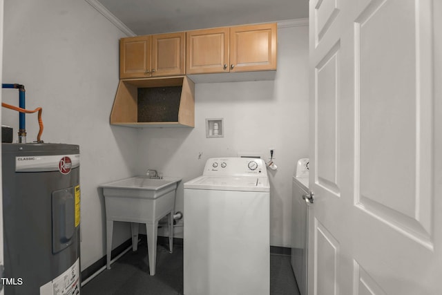 334 Westview Dr, Fayetteville, NC 28303 - washroom with electric water heater, washing machine and clothes dryer, cabinet space, and baseboards