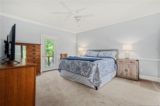 bedroom with light carpet, access to exterior, ornamental molding, a ceiling fan, and baseboards
