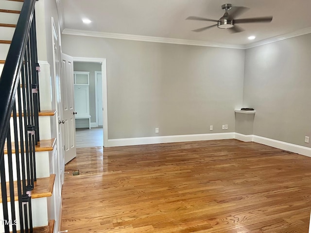 4016 Berman Edge Rd, Holly Springs, NC 27540 - unfurnished room featuring a ceiling fan, light wood-style flooring, crown molding, baseboards, and recessed lighting