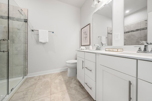 1437 Newpoint Dr, Durham, NC 27713 - bathroom with a shower stall, toilet, double vanity, and baseboards