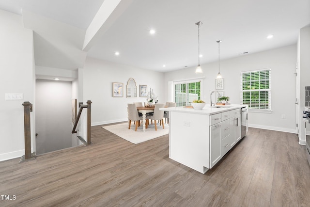 1437 Newpoint Dr, Durham, NC 27713 - kitchen featuring stainless steel dishwasher, wood finished floors, recessed lighting, a sink, and an island with sink
