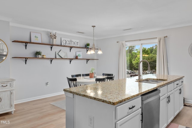 100 Stratford Lakes Dr Unit 361, Durham, NC 27713 - kitchen featuring a sink, stainless steel dishwasher, light wood finished floors, white cabinetry, and light stone counters