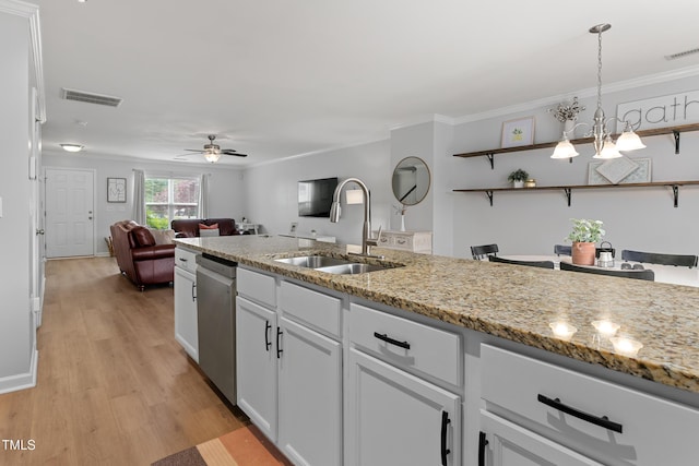 100 Stratford Lakes Dr Unit 361, Durham, NC 27713 - kitchen with a sink, stainless steel dishwasher, white cabinetry, ceiling fan, and light wood-style flooring
