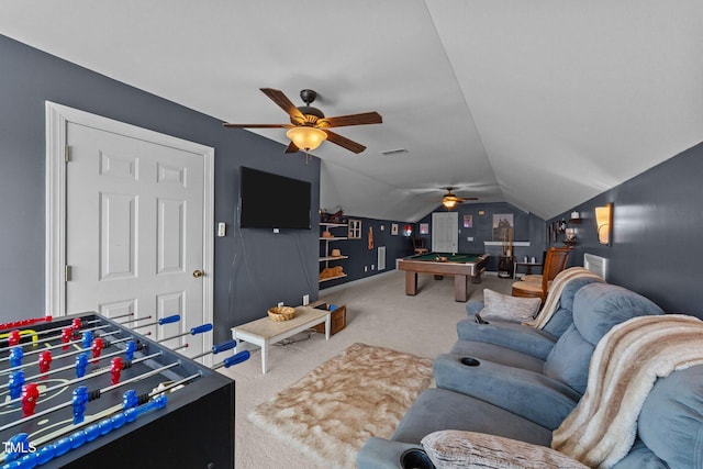 living area with a ceiling fan, carpet flooring, vaulted ceiling, baseboards, and billiards