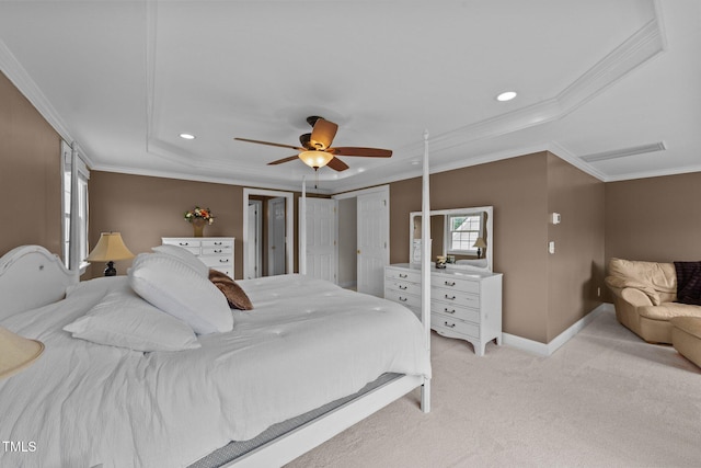 bedroom featuring recessed lighting, light colored carpet, baseboards, ornamental molding, and a ceiling fan