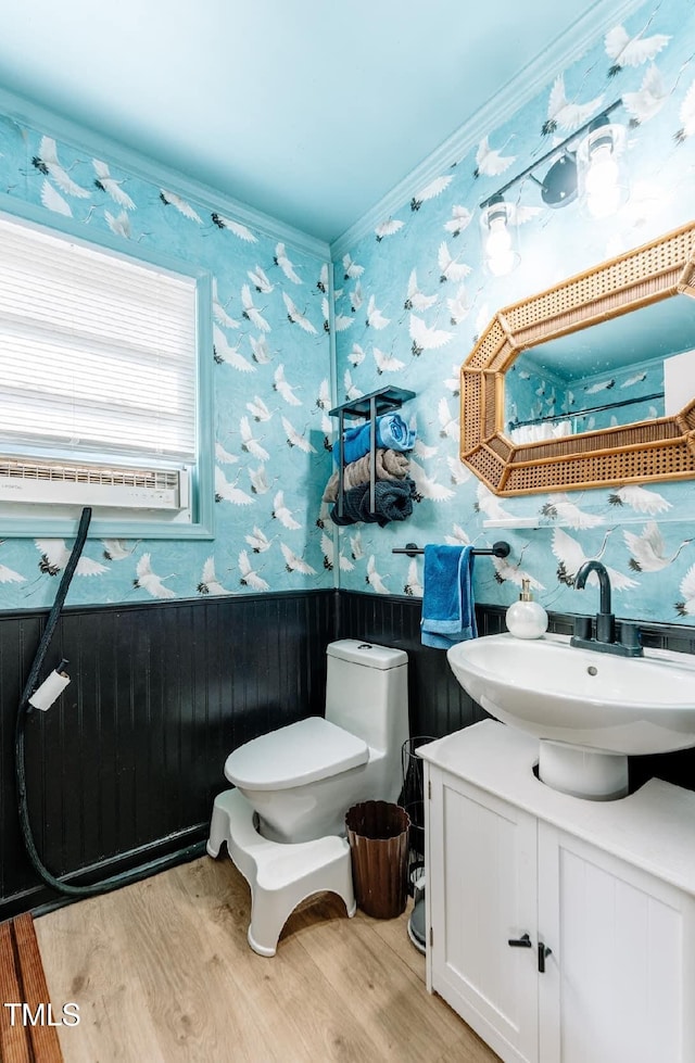 bathroom with wallpapered walls, wood finished floors, toilet, and vanity