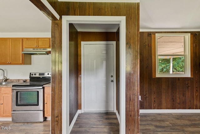 kitchen featuring electric stove, under cabinet range hood, dark wood-style flooring, wood walls, and a sink