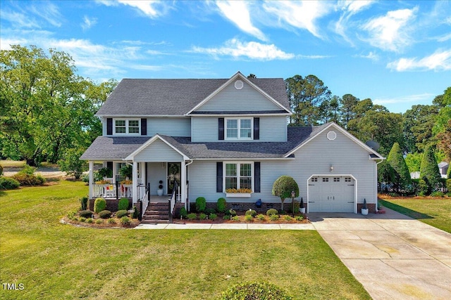 traditional home featuring a porch, an attached garage, a front yard, concrete driveway, and roof with shingles
