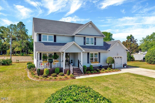 traditional home featuring covered porch, a garage, driveway, a front lawn, and roof with shingles
