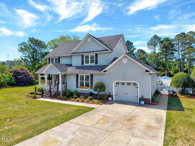 view of front of property with a garage, driveway, a front yard, a porch, and a shingled roof