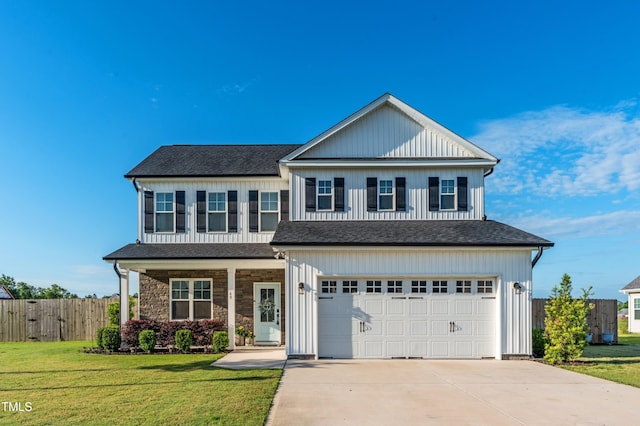 view of front facade featuring an attached garage, driveway, a shingled roof, and a porch