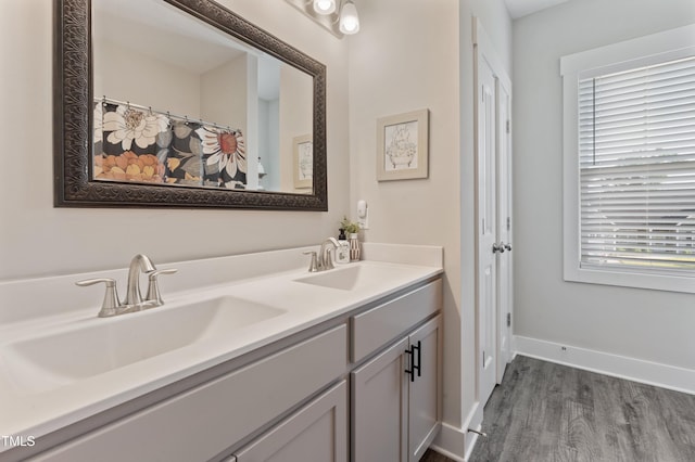 bathroom featuring wood finished floors, double vanity, and baseboards