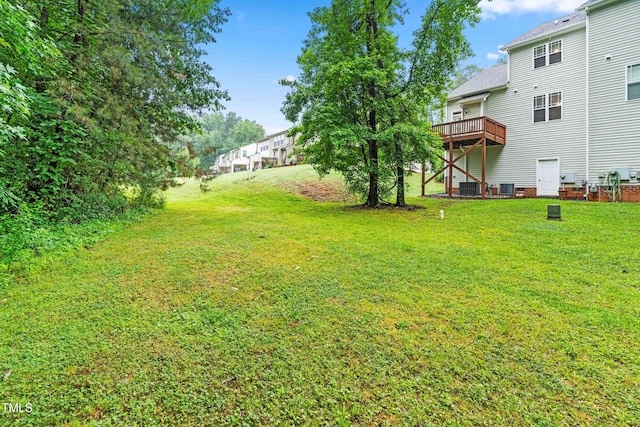 112 River Dell Townes Ave, Clayton, NC 27527 - view of grassy yard with central AC and a wooden deck