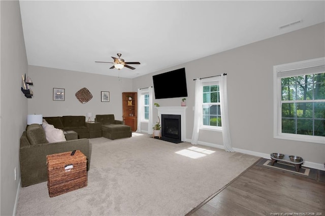 living room featuring healthy amount of natural light, wood finished floors, a ceiling fan, and a fireplace with flush hearth