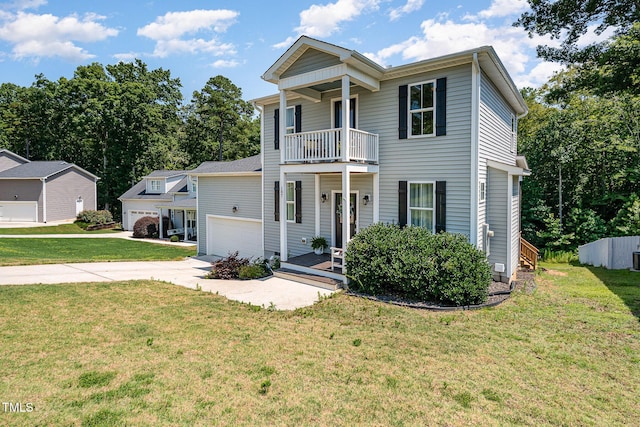 187 Ashley Woods Ct, Clayton, NC 27527 - view of front of home featuring a balcony, concrete driveway, a garage, a front yard, and a porch