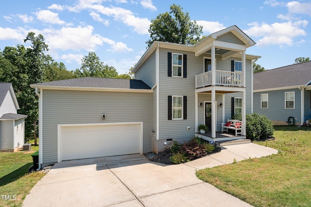 187 Ashley Woods Ct, Clayton, NC 27527 - view of front of house featuring a balcony, covered porch, driveway, and a front lawn