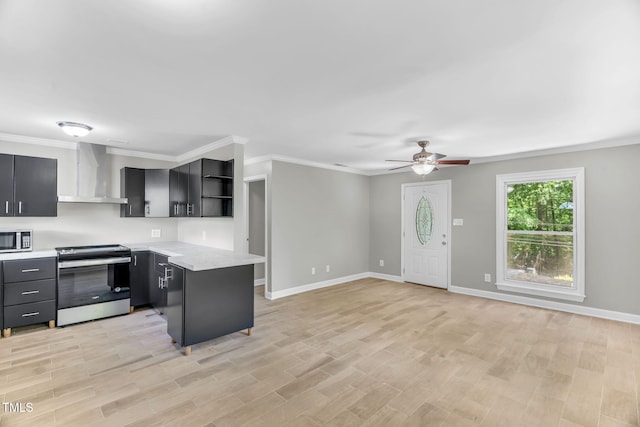 308 Lynn Rd, Durham, NC 27703 - kitchen with appliances with stainless steel finishes, wall chimney range hood, open shelves, light countertops, and ceiling fan