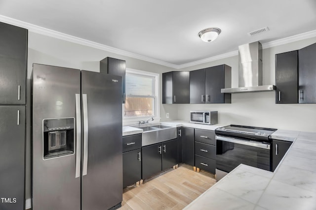 308 Lynn Rd, Durham, NC 27703 - kitchen featuring appliances with stainless steel finishes, wall chimney exhaust hood, a sink, ornamental molding, and light countertops
