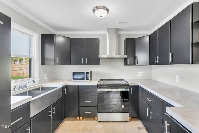 308 Lynn Rd, Durham, NC 27703 - kitchen with appliances with stainless steel finishes, wall chimney range hood, ornamental molding, light countertops, and a sink