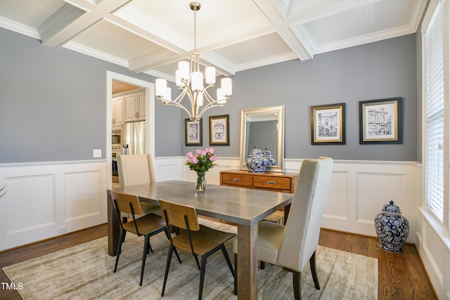 dining area featuring coffered ceiling, wood finished floors, a chandelier, wainscoting, and beam ceiling