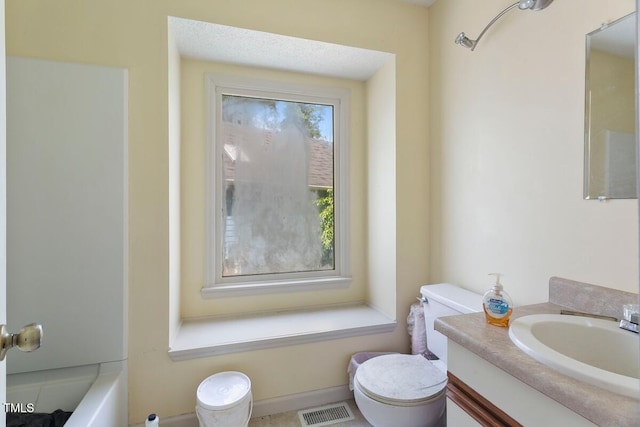 bathroom featuring vanity, toilet, and a bath