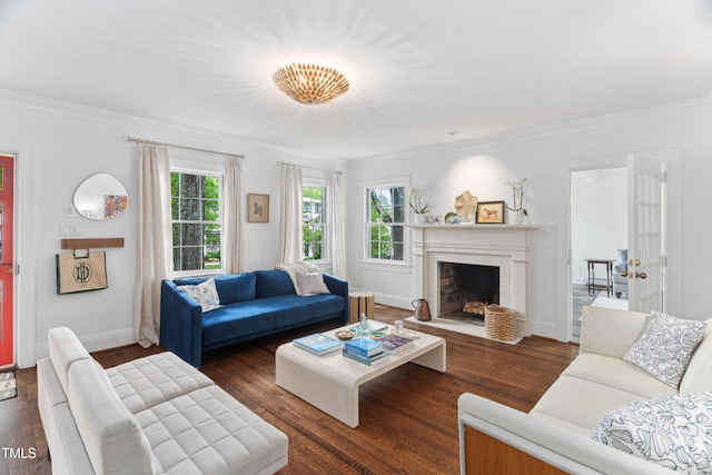 living room featuring crown molding, a fireplace with flush hearth, wood finished floors, and baseboards