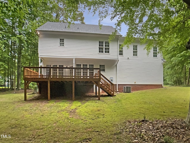 150 Remington Ct, Youngsville, NC 27596 - back of property with a wooden deck, cooling unit, a lawn, and stairway