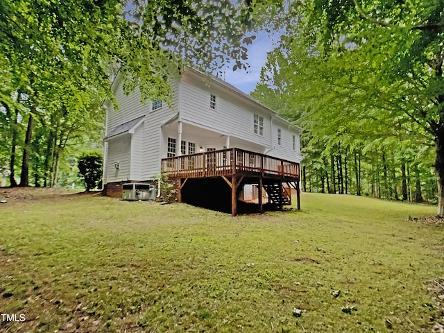 150 Remington Ct, Youngsville, NC 27596 - rear view of property with stairway, a wooden deck, a yard, and cooling unit