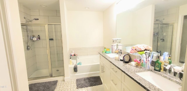 212 Placid Pond Dr, Broadway, NC 27505 - full bathroom with a shower stall, a bath, double vanity, and tile patterned floors