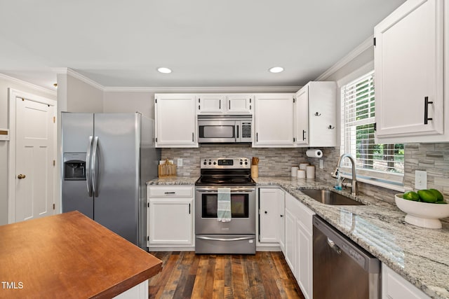 kitchen featuring stainless steel appliances, a sink, ornamental molding, dark wood finished floors, and backsplash