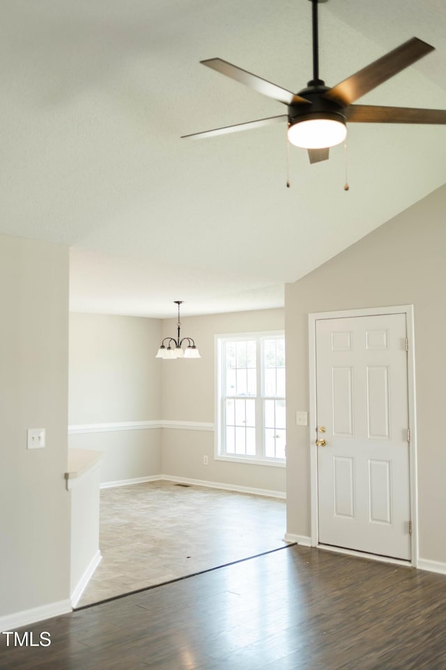12 Linsey Ct, Lillington, NC 27546 - foyer entrance featuring wood finished floors, baseboards, a ceiling fan, a chandelier, and lofted ceiling