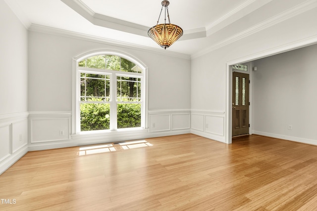2819 Ellis Chapel Rd, Bahama, NC 27503 - spare room with light wood-style floors, a raised ceiling, crown molding, wainscoting, and a decorative wall
