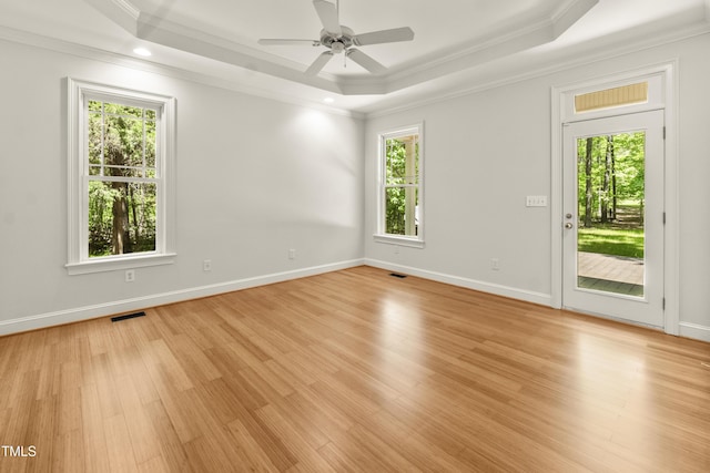 2819 Ellis Chapel Rd, Bahama, NC 27503 - unfurnished room featuring ornamental molding, a raised ceiling, light wood-type flooring, a ceiling fan, and baseboards