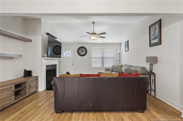 446 Placid Pond Dr, Broadway, NC 27505 - living area with ceiling fan, a fireplace, light wood finished floors, and baseboards