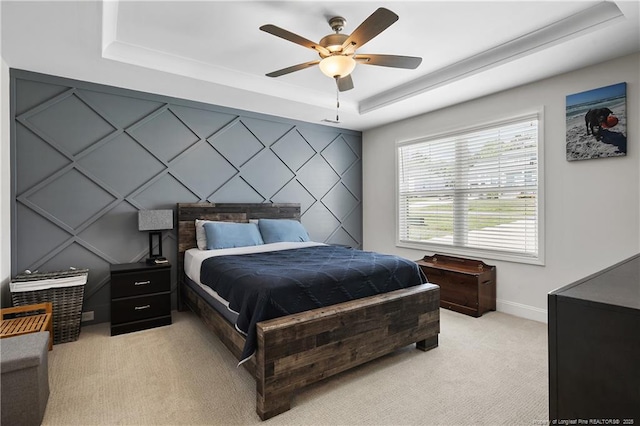 446 Placid Pond Dr, Broadway, NC 27505 - bedroom featuring a raised ceiling, light colored carpet, baseboards, and a ceiling fan