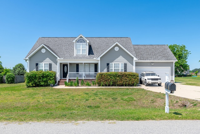 view of front of house with a porch, a garage, a front yard, roof with shingles, and concrete driveway