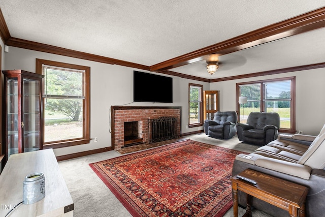 1100 Cardinals Knob, Rocky Mount, NC 27804 - carpeted living area featuring plenty of natural light, a textured ceiling, crown molding, a brick fireplace, and baseboards
