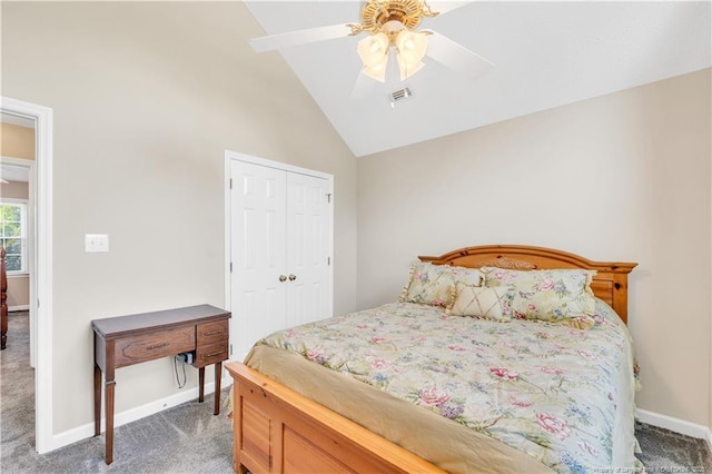 1110 Oakridge Blvd, Lumberton, NC 28358 - bedroom with carpet floors, baseboards, vaulted ceiling, a closet, and ceiling fan