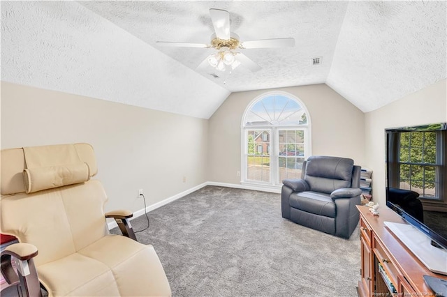 1110 Oakridge Blvd, Lumberton, NC 28358 - sitting room with a textured ceiling, carpet, vaulted ceiling, baseboards, and ceiling fan