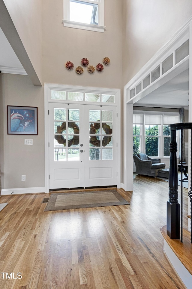 foyer featuring wood finished floors, healthy amount of natural light, a high ceiling, and baseboards
