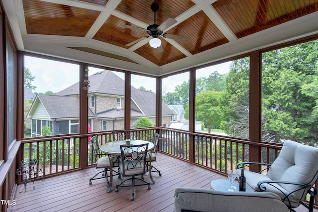 sunroom with ceiling fan, outdoor dining space, and lofted ceiling