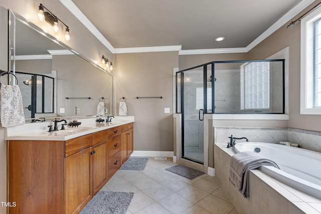 bathroom with plenty of natural light, a bath, a stall shower, double vanity, and crown molding