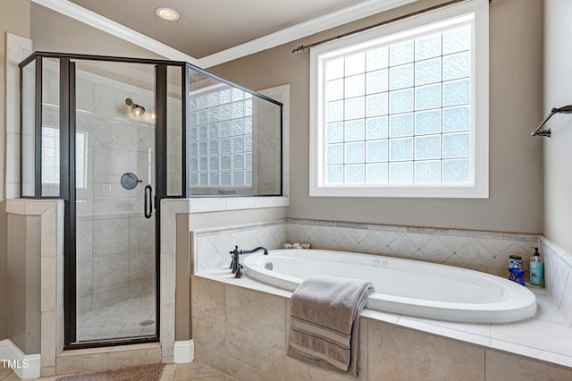 full bathroom with a shower stall, a garden tub, crown molding, and recessed lighting