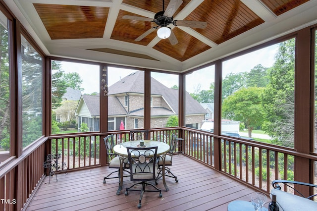 sunroom / solarium with a ceiling fan, vaulted ceiling, outdoor dining area, and a residential view