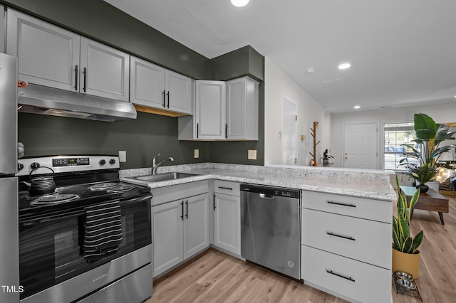 145 Coleridge Ct, Carrboro, NC 27510 - kitchen with stainless steel appliances, under cabinet range hood, a sink, light wood-style flooring, and a peninsula