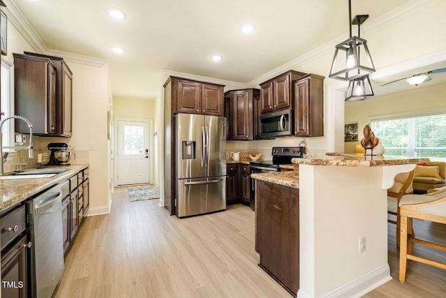 kitchen featuring appliances with stainless steel finishes, a sink, a kitchen breakfast bar, dark brown cabinetry, and light wood-type flooring