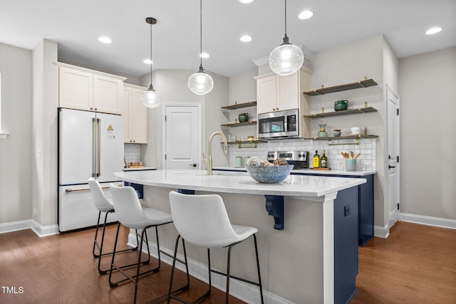 111 Chapel Run Way, Chapel Hill, NC 27517 - kitchen with stainless steel appliances, open shelves, backsplash, dark wood-type flooring, and baseboards