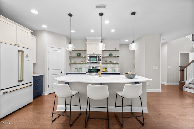 111 Chapel Run Way, Chapel Hill, NC 27517 - kitchen featuring stainless steel appliances, open shelves, a sink, backsplash, and white cabinets