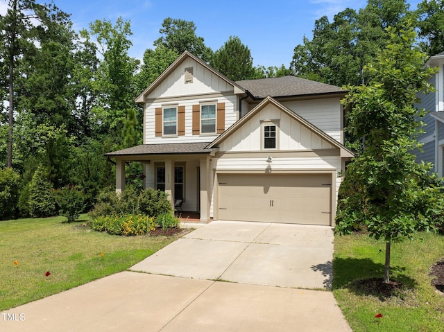 111 Chapel Run Way, Chapel Hill, NC 27517 - traditional-style home featuring concrete driveway, a front lawn, board and batten siding, a shingled roof, and a garage