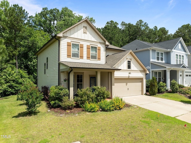 111 Chapel Run Way, Chapel Hill, NC 27517 - view of front of property with board and batten siding, a garage, driveway, a shingled roof, and a front yard